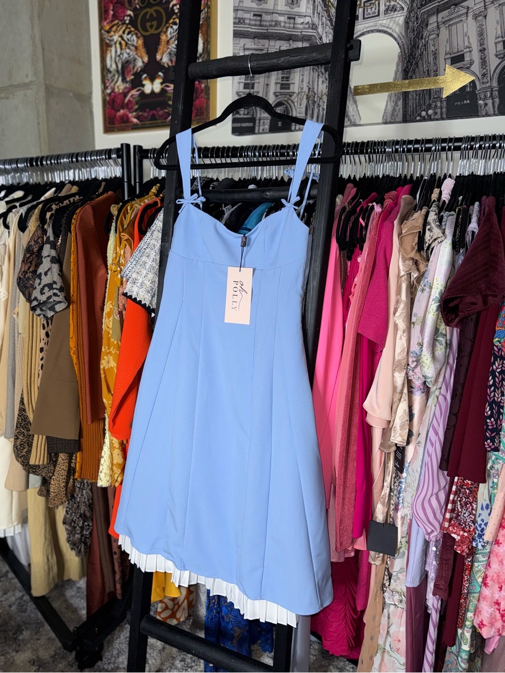 Oh Polly Isadora Blue Bow Detail Pleated A Line Midi Dress Womens 6 New NWT - Picture 4 of 9